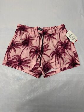 H&M Pink and Maroon Palm-Print Swim Trunks